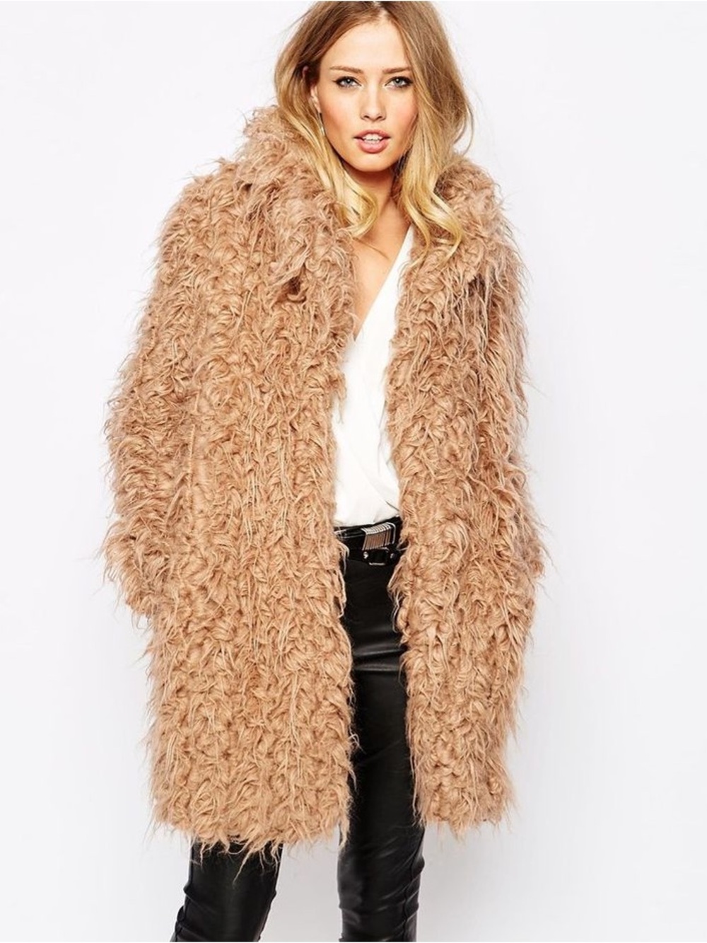 ASOS Shaggy Faux Fur Teddy Coat Camel Tan Quilted Lining Size 8